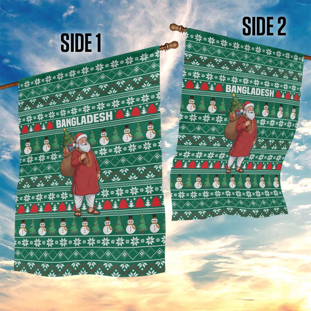 Bangladesh Christmas Garden Flag with Santa Claus in Traditional Outfit Snowman and Tree Pattern - Wonder Print Shop