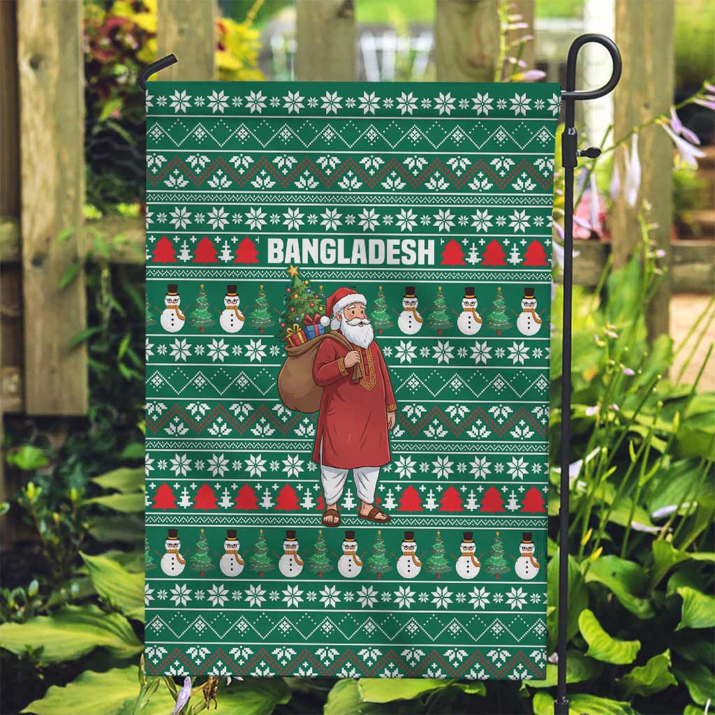 Bangladesh Christmas Garden Flag with Santa Claus in Traditional Outfit Snowman and Tree Pattern - Wonder Print Shop