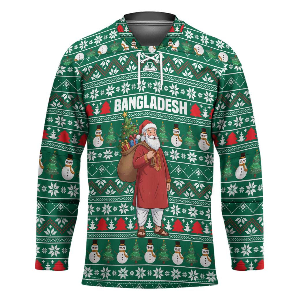 Bangladesh Christmas Hockey Jersey with Santa Claus in Traditional Outfit Snowman and Tree Pattern - Wonder Print Shop