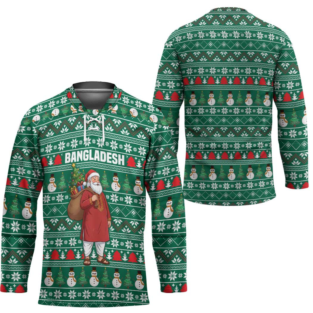 Bangladesh Christmas Hockey Jersey with Santa Claus in Traditional Outfit Snowman and Tree Pattern - Wonder Print Shop