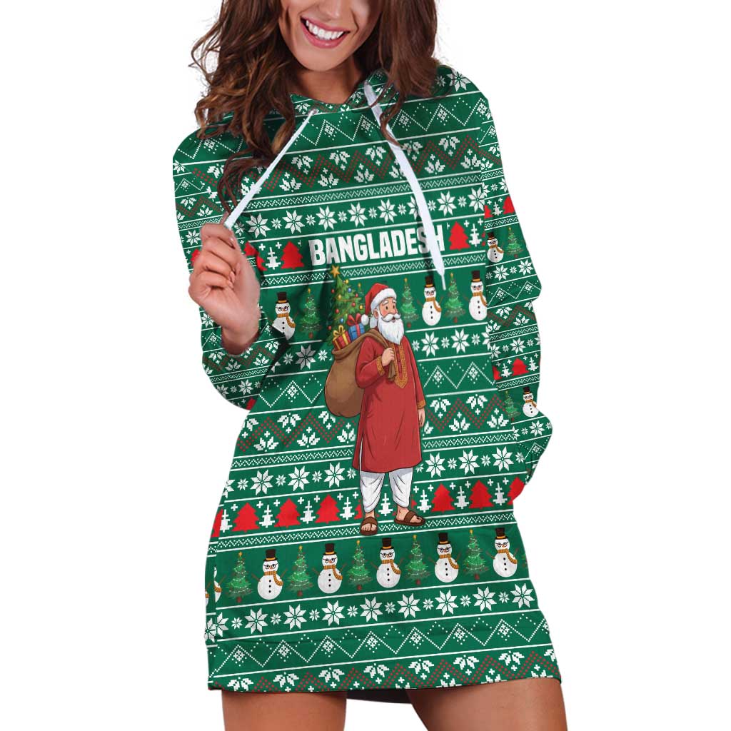 Bangladesh Christmas Hoodie Dress with Santa Claus in Traditional Outfit Snowman and Tree Pattern - Wonder Print Shop