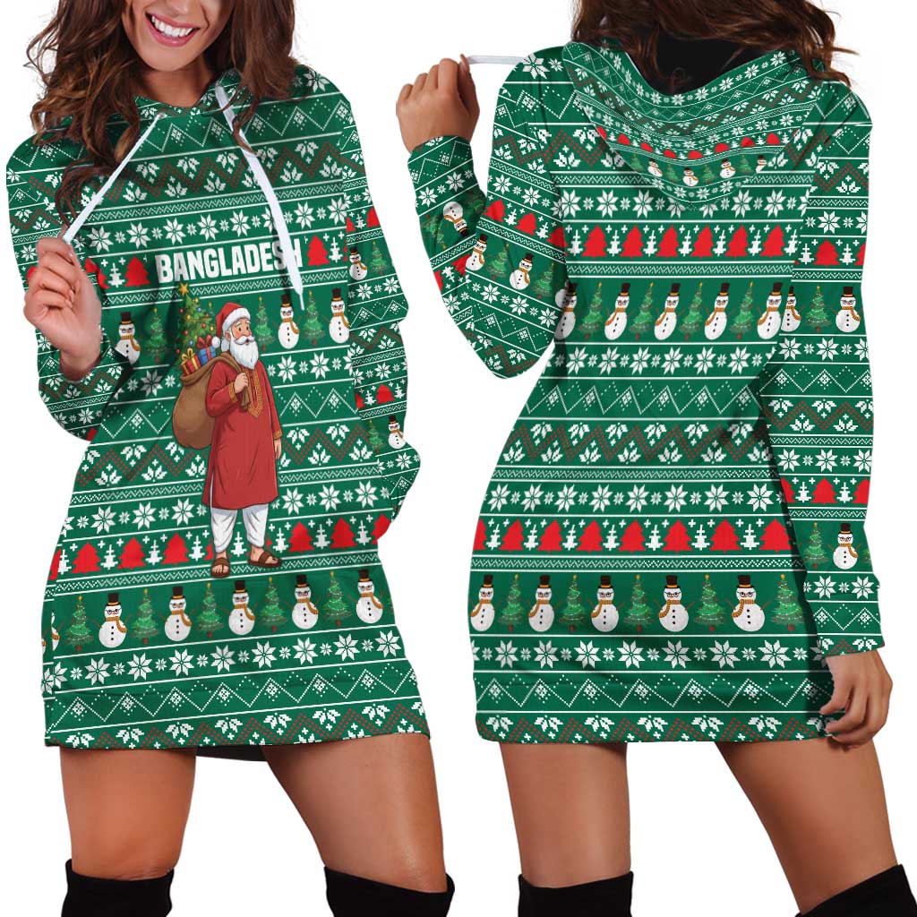Bangladesh Christmas Hoodie Dress with Santa Claus in Traditional Outfit Snowman and Tree Pattern - Wonder Print Shop