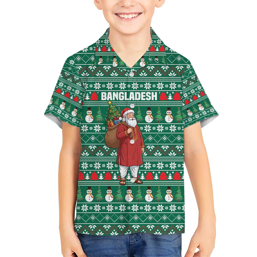 Bangladesh Christmas Kid Hawaiian Shirt with Santa Claus in Traditional Outfit Snowman and Tree Pattern - Wonder Print Shop