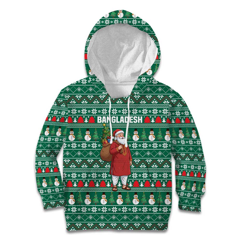 Bangladesh Christmas Kid Hoodie with Santa Claus in Traditional Outfit Snowman and Tree Pattern - Wonder Print Shop