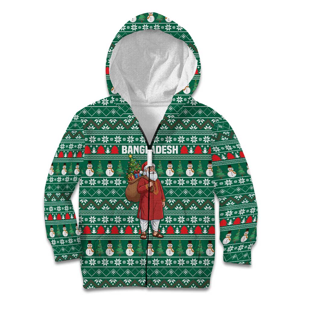 Bangladesh Christmas Kid Hoodie with Santa Claus in Traditional Outfit Snowman and Tree Pattern - Wonder Print Shop