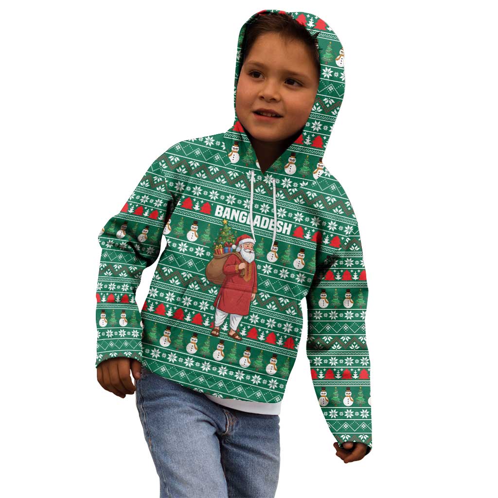 Bangladesh Christmas Kid Hoodie with Santa Claus in Traditional Outfit Snowman and Tree Pattern - Wonder Print Shop