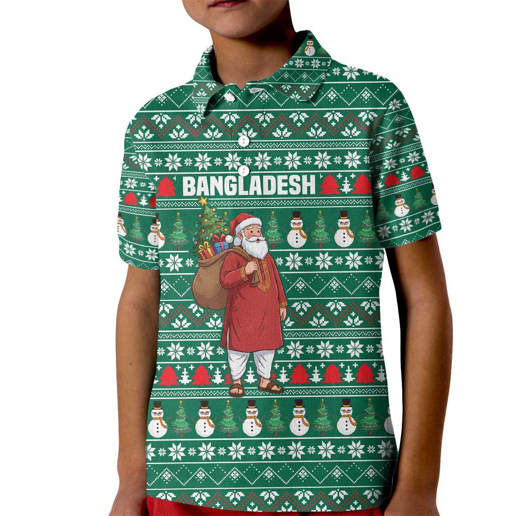 Bangladesh Christmas Kid Polo Shirt with Santa Claus in Traditional Outfit Snowman and Tree Pattern - Wonder Print Shop