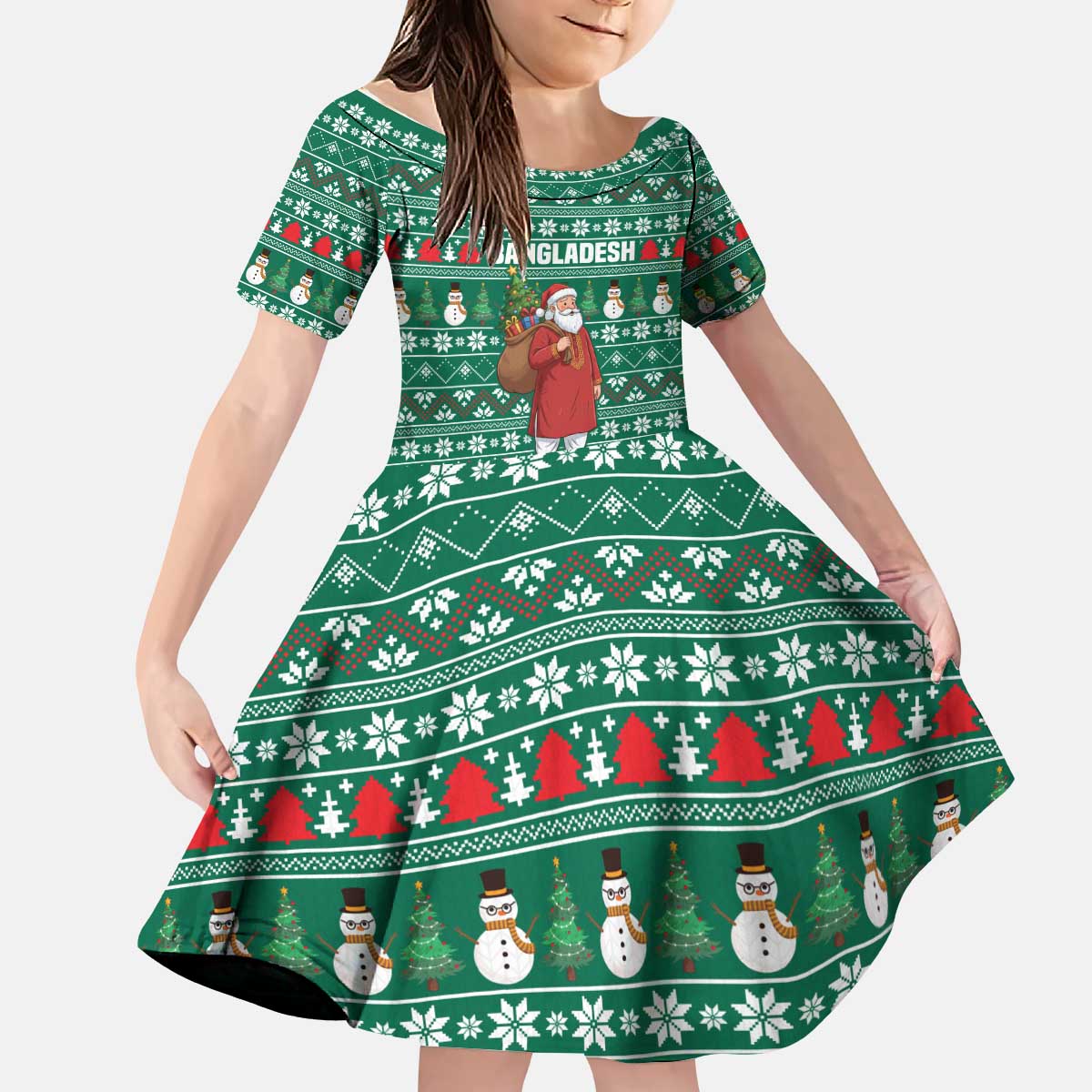 Bangladesh Christmas Kid Short Sleeve Dress with Santa Claus in Traditional Outfit Snowman and Tree Pattern - Wonder Print Shop