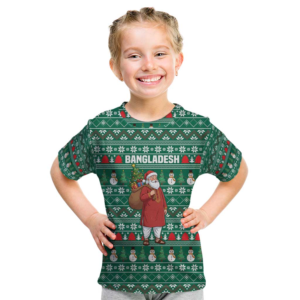 Bangladesh Christmas Kid T Shirt with Santa Claus in Traditional Outfit Snowman and Tree Pattern - Wonder Print Shop