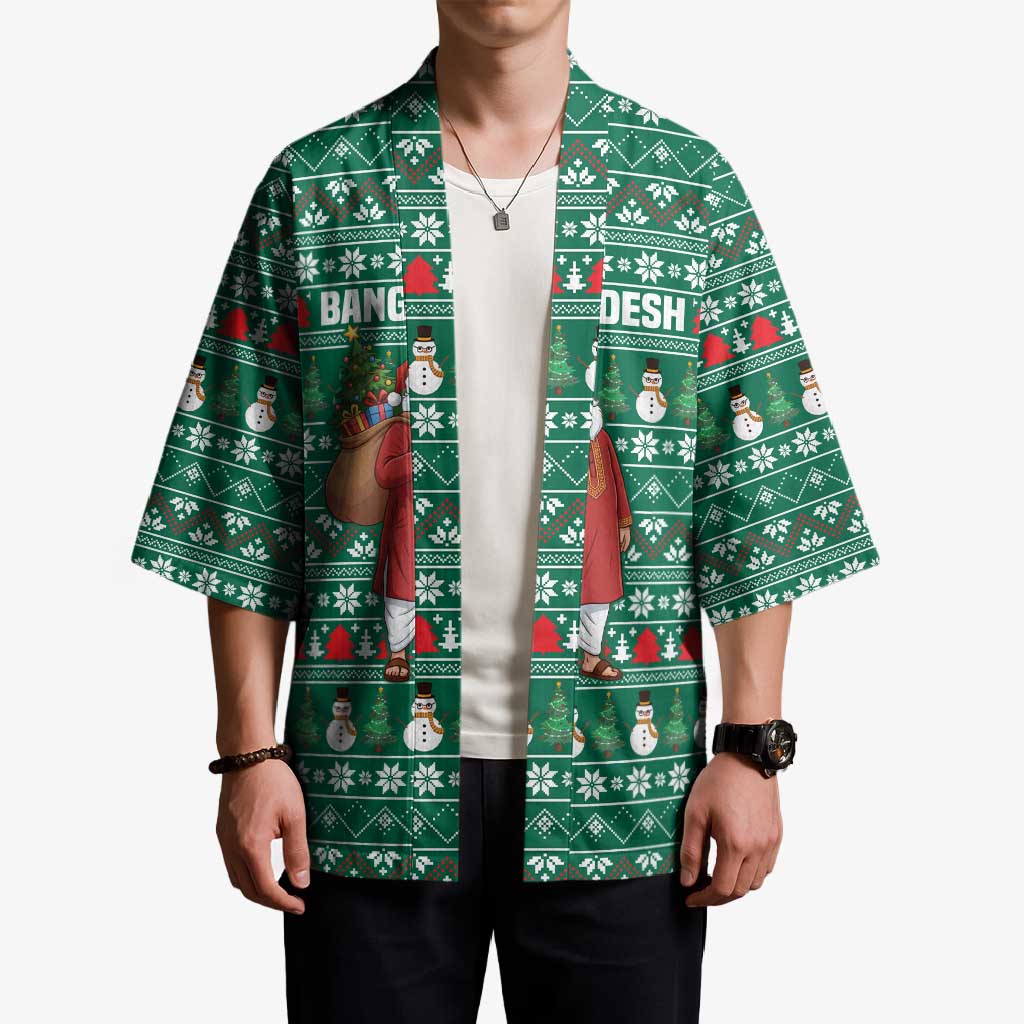 Bangladesh Christmas Kimono with Santa Claus in Traditional Outfit Snowman and Tree Pattern - Wonder Print Shop