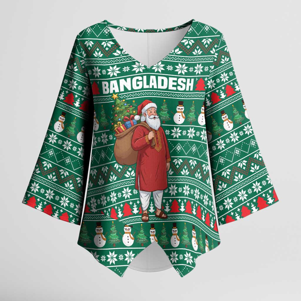 Bangladesh Christmas Kimono Sleeve Blouse with Santa Claus in Traditional Outfit Snowman and Tree Pattern - Wonder Print Shop