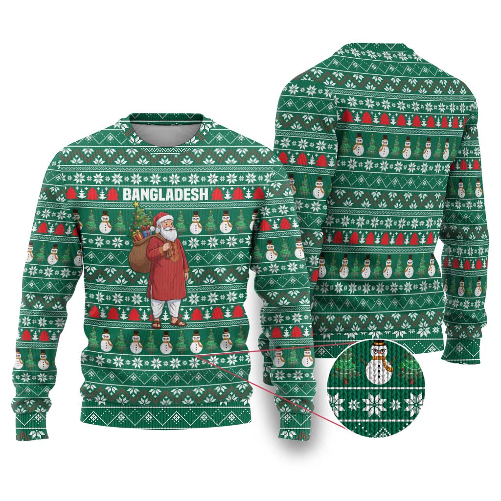 Bangladesh Christmas Ugly Christmas Sweater with Santa Claus in Traditional Outfit Snowman and Tree Pattern - Wonder Print Shop