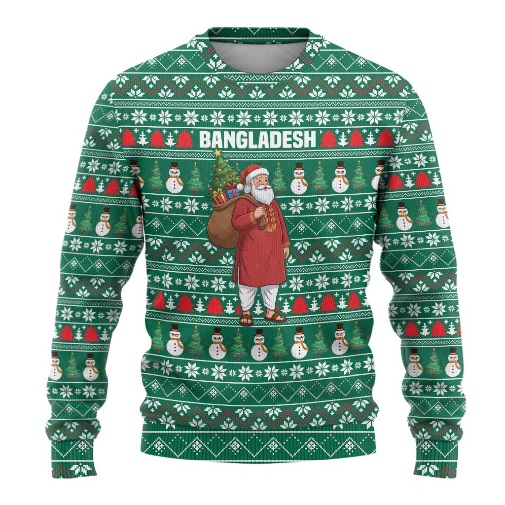 Bangladesh Christmas Ugly Christmas Sweater with Santa Claus in Traditional Outfit Snowman and Tree Pattern - Wonder Print Shop