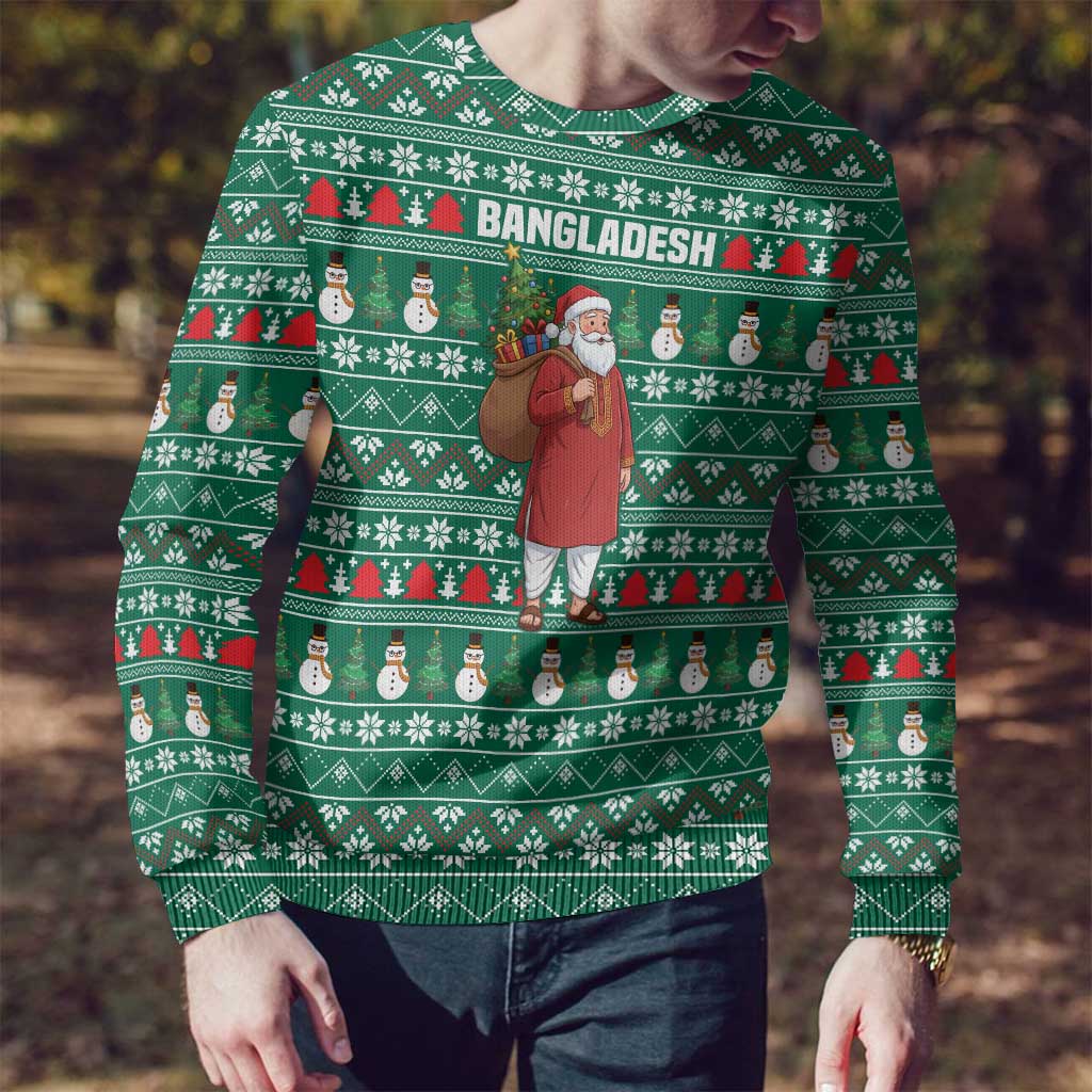 Bangladesh Christmas Ugly Christmas Sweater with Santa Claus in Traditional Outfit Snowman and Tree Pattern - Wonder Print Shop