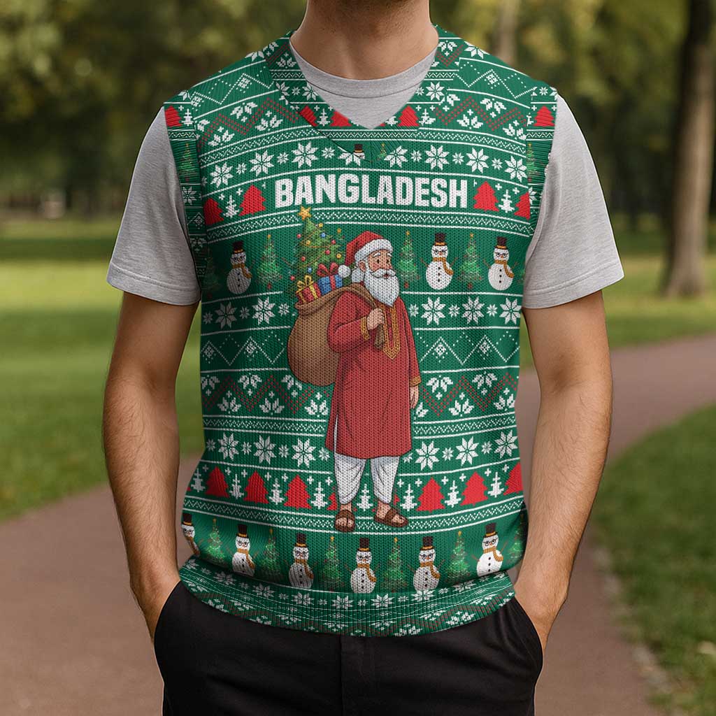 Bangladesh Christmas Knitted V-Neck Vest with Santa Claus in Traditional Outfit Snowman and Tree Pattern - Wonder Print Shop