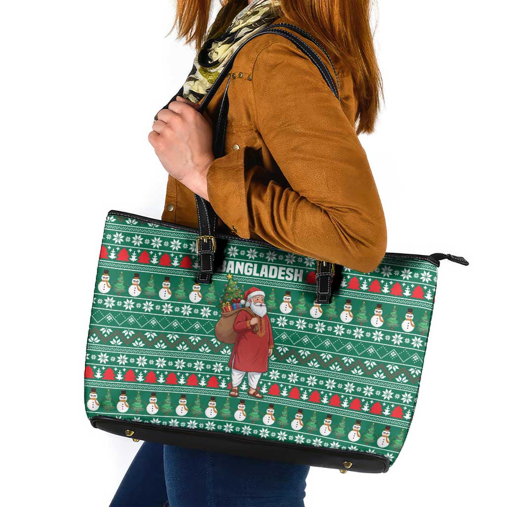 Bangladesh Christmas Leather Tote Bag with Santa Claus in Traditional Outfit Snowman and Tree Pattern - Wonder Print Shop