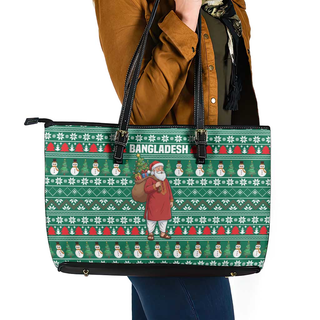 Bangladesh Christmas Leather Tote Bag with Santa Claus in Traditional Outfit Snowman and Tree Pattern - Wonder Print Shop