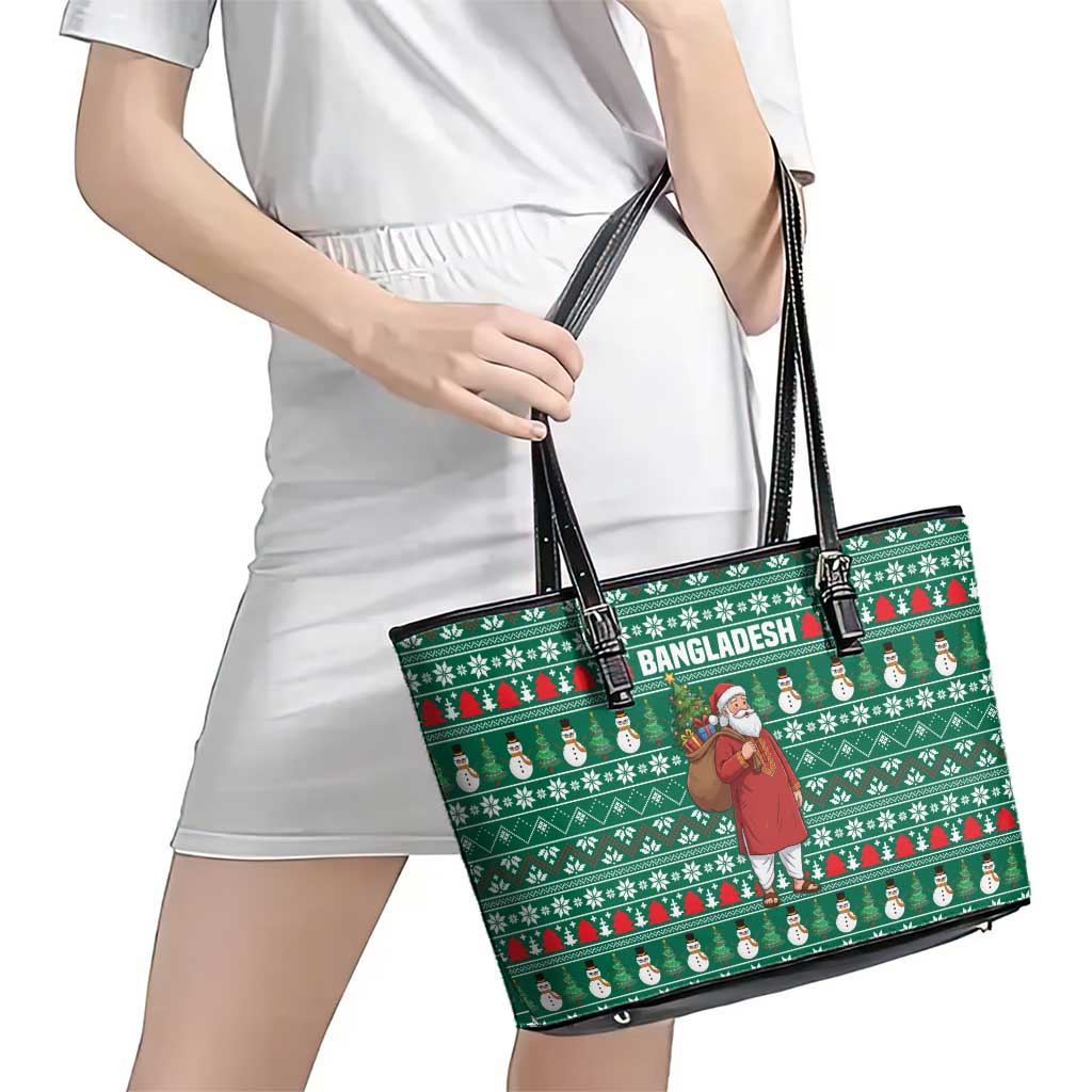 Bangladesh Christmas Leather Tote Bag with Santa Claus in Traditional Outfit Snowman and Tree Pattern - Wonder Print Shop