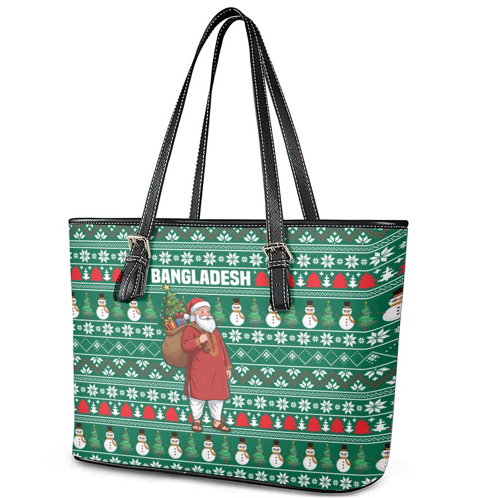 Bangladesh Christmas Leather Tote Bag with Santa Claus in Traditional Outfit Snowman and Tree Pattern - Wonder Print Shop