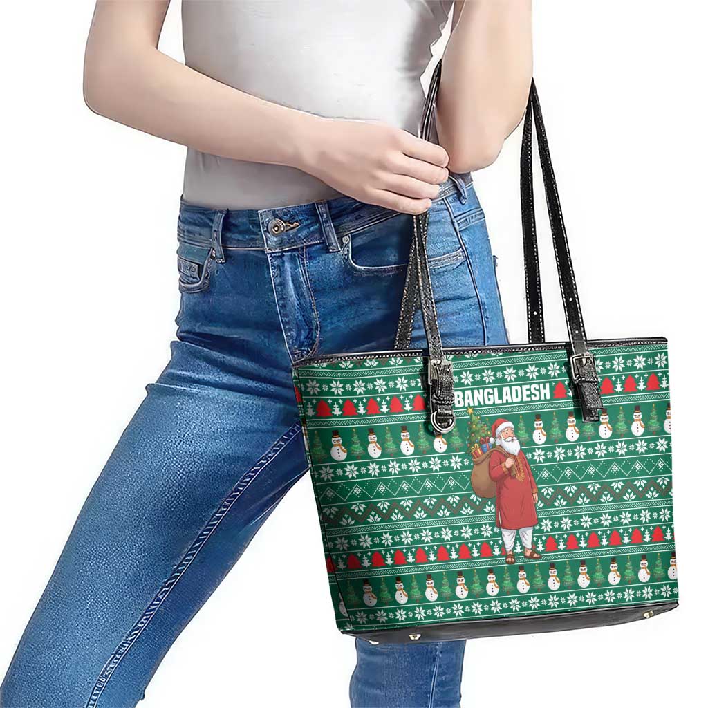 Bangladesh Christmas Leather Tote Bag with Santa Claus in Traditional Outfit Snowman and Tree Pattern - Wonder Print Shop