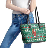 Bangladesh Christmas Leather Tote Bag with Santa Claus in Traditional Outfit Snowman and Tree Pattern - Wonder Print Shop