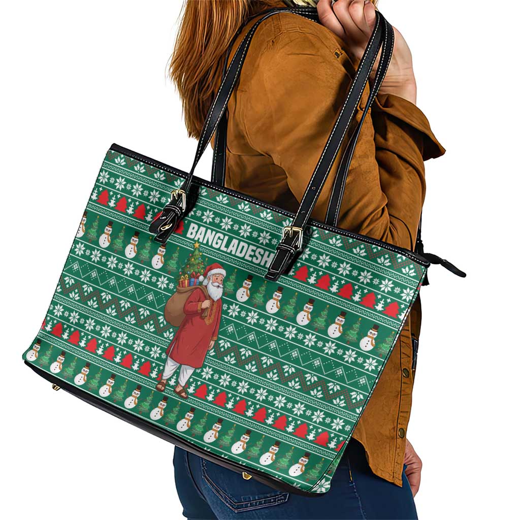 Bangladesh Christmas Leather Tote Bag with Santa Claus in Traditional Outfit Snowman and Tree Pattern - Wonder Print Shop