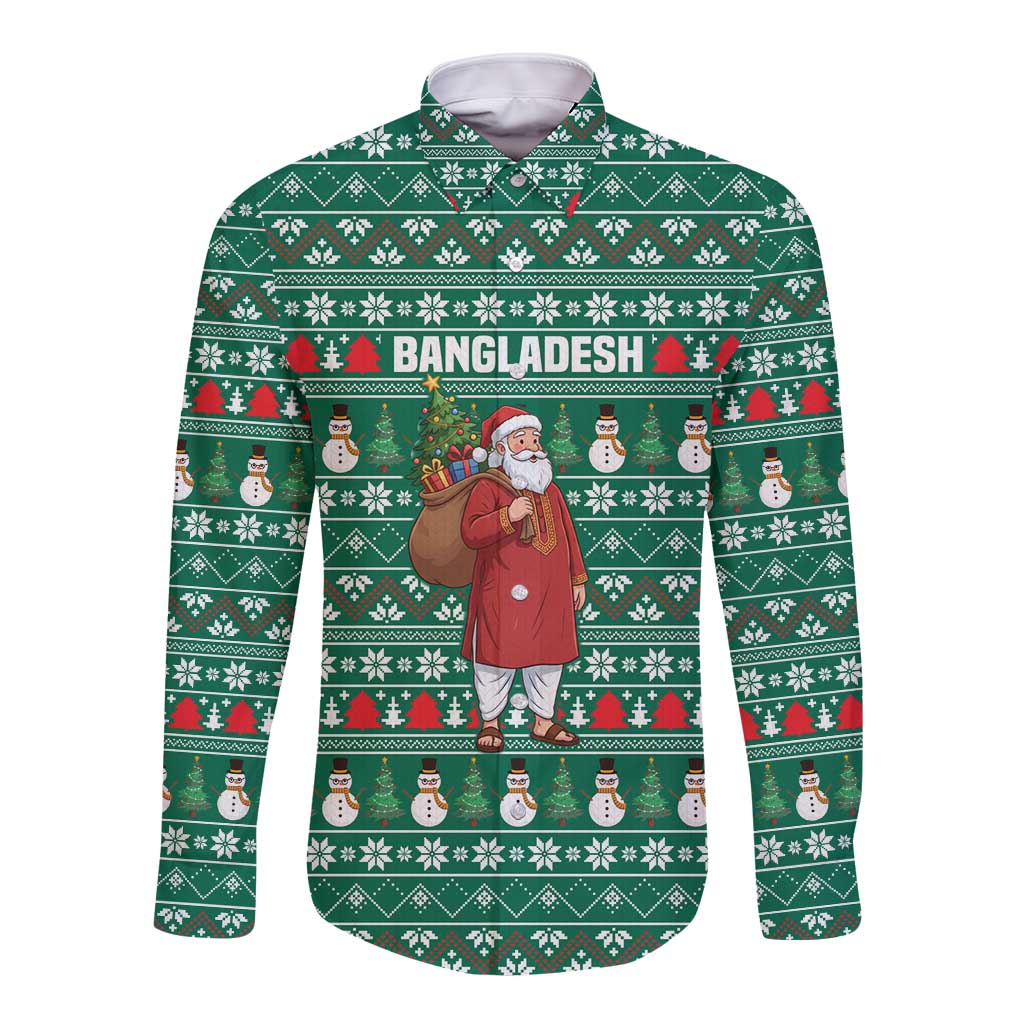 Bangladesh Christmas Long Sleeve Button Shirt with Santa Claus in Traditional Outfit Snowman and Tree Pattern - Wonder Print Shop