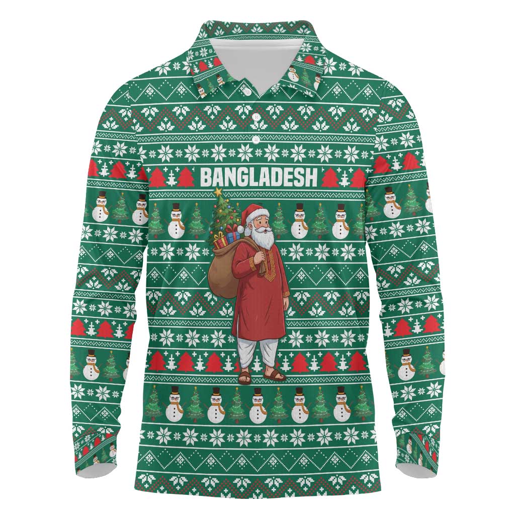 Bangladesh Christmas Long Sleeve Polo Shirt with Santa Claus in Traditional Outfit Snowman and Tree Pattern - Wonder Print Shop