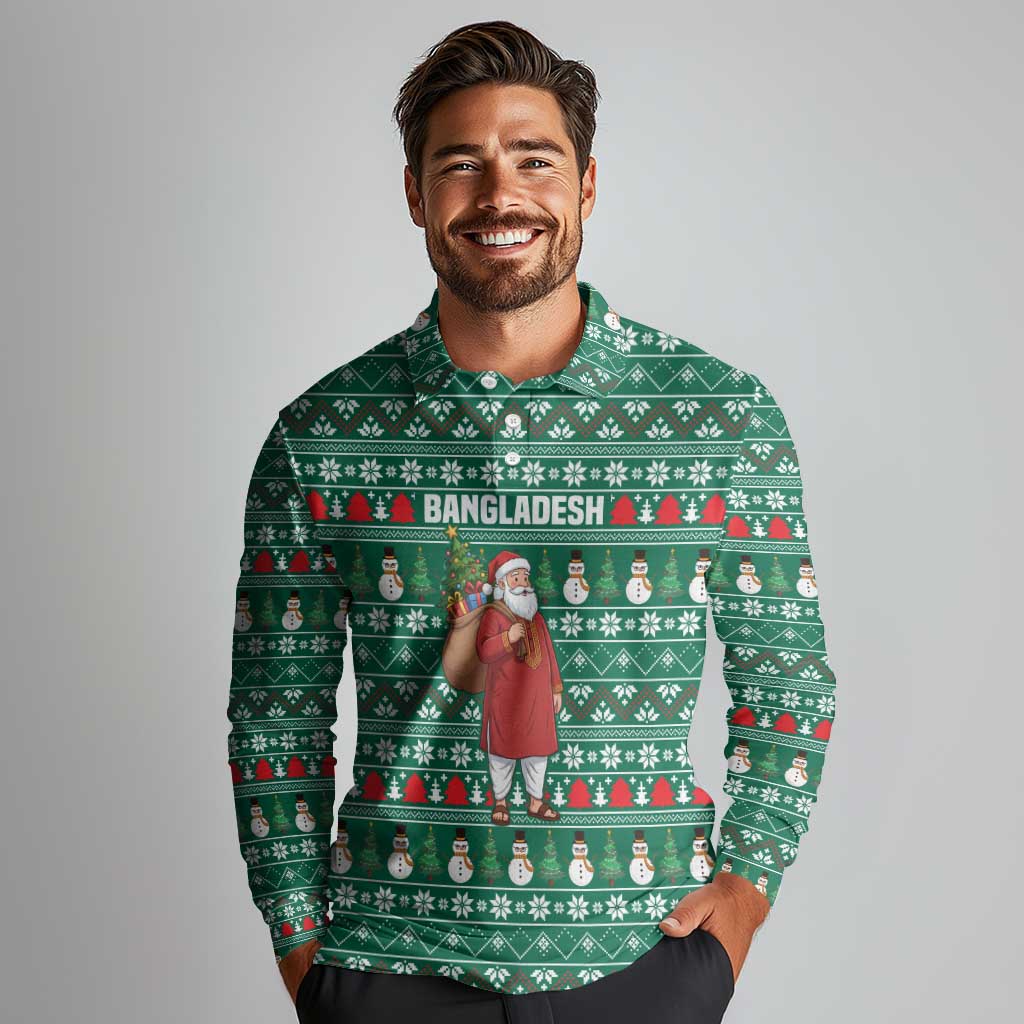 Bangladesh Christmas Long Sleeve Polo Shirt with Santa Claus in Traditional Outfit Snowman and Tree Pattern - Wonder Print Shop