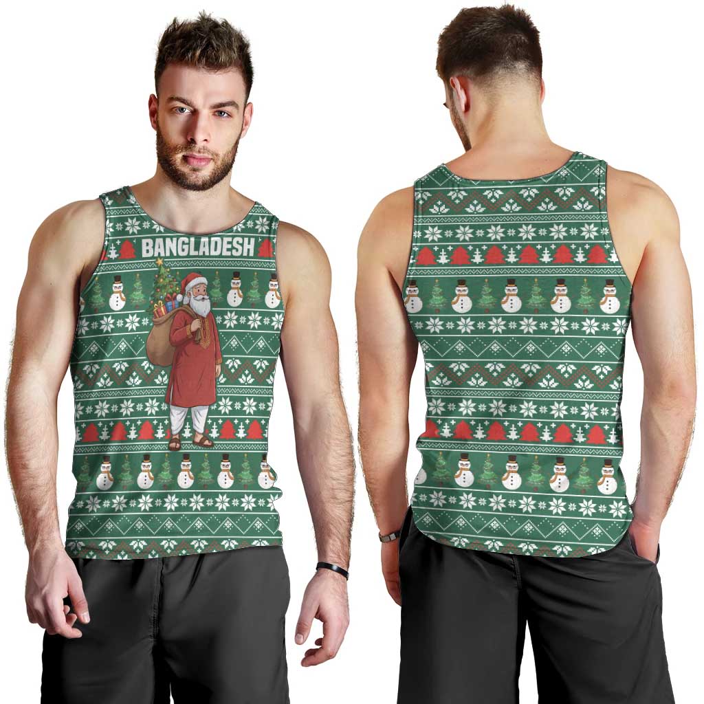 Bangladesh Christmas Men Tank Top with Santa Claus in Traditional Outfit Snowman and Tree Pattern - Wonder Print Shop