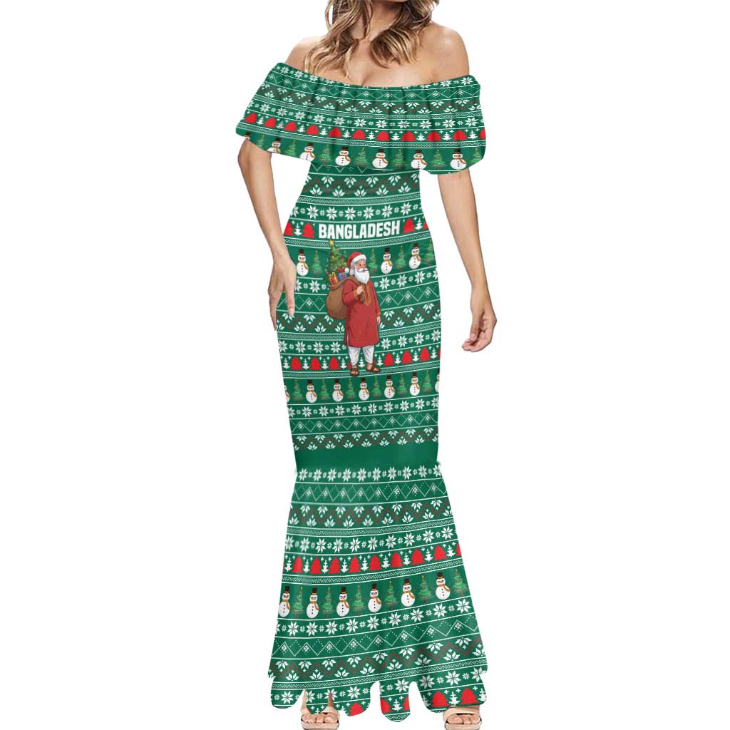 Bangladesh Christmas Mermaid Dress with Santa Claus in Traditional Outfit Snowman and Tree Pattern - Wonder Print Shop