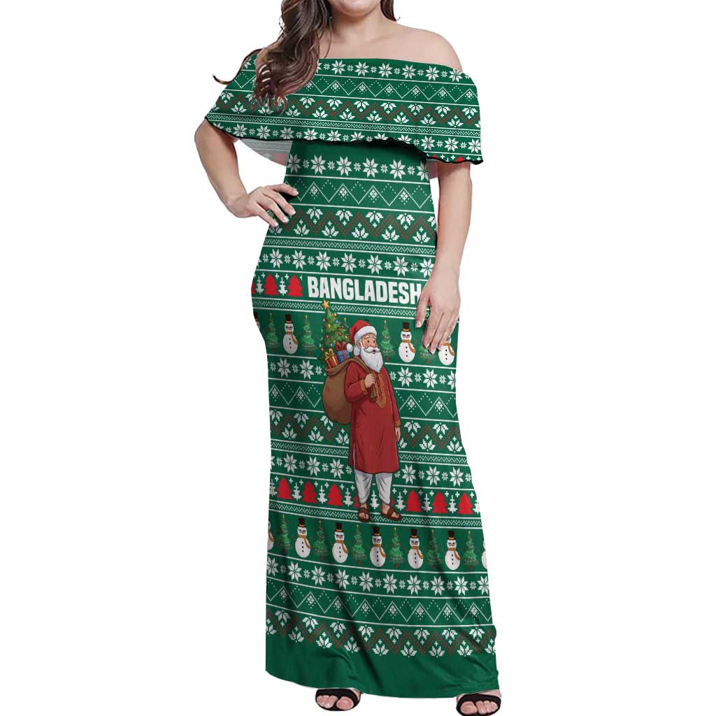 Bangladesh Christmas Off Shoulder Maxi Dress with Santa Claus in Traditional Outfit Snowman and Tree Pattern - Wonder Print Shop