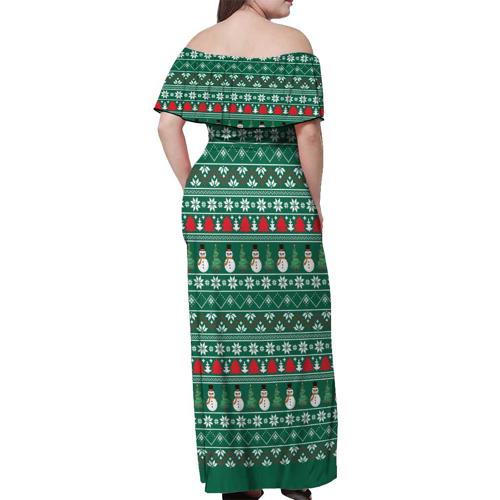 Bangladesh Christmas Off Shoulder Maxi Dress with Santa Claus in Traditional Outfit Snowman and Tree Pattern - Wonder Print Shop