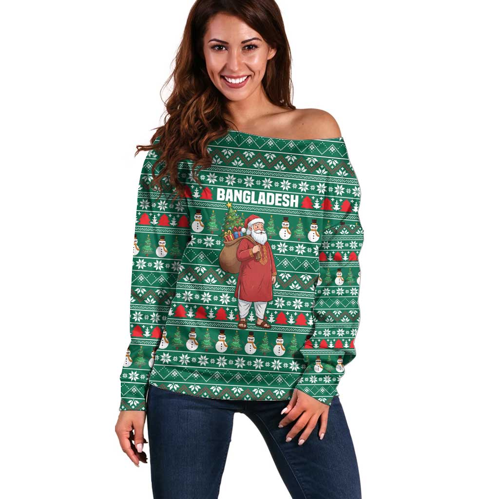 Bangladesh Christmas Off Shoulder Sweater with Santa Claus in Traditional Outfit Snowman and Tree Pattern - Wonder Print Shop