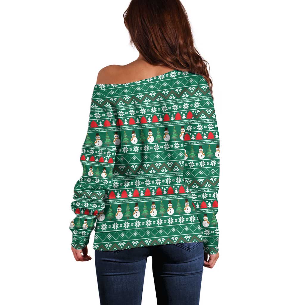 Bangladesh Christmas Off Shoulder Sweater with Santa Claus in Traditional Outfit Snowman and Tree Pattern - Wonder Print Shop