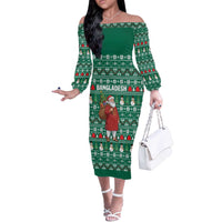 Bangladesh Christmas Off The Shoulder Long Sleeve Dress with Santa Claus in Traditional Outfit Snowman and Tree Pattern - Wonder Print Shop