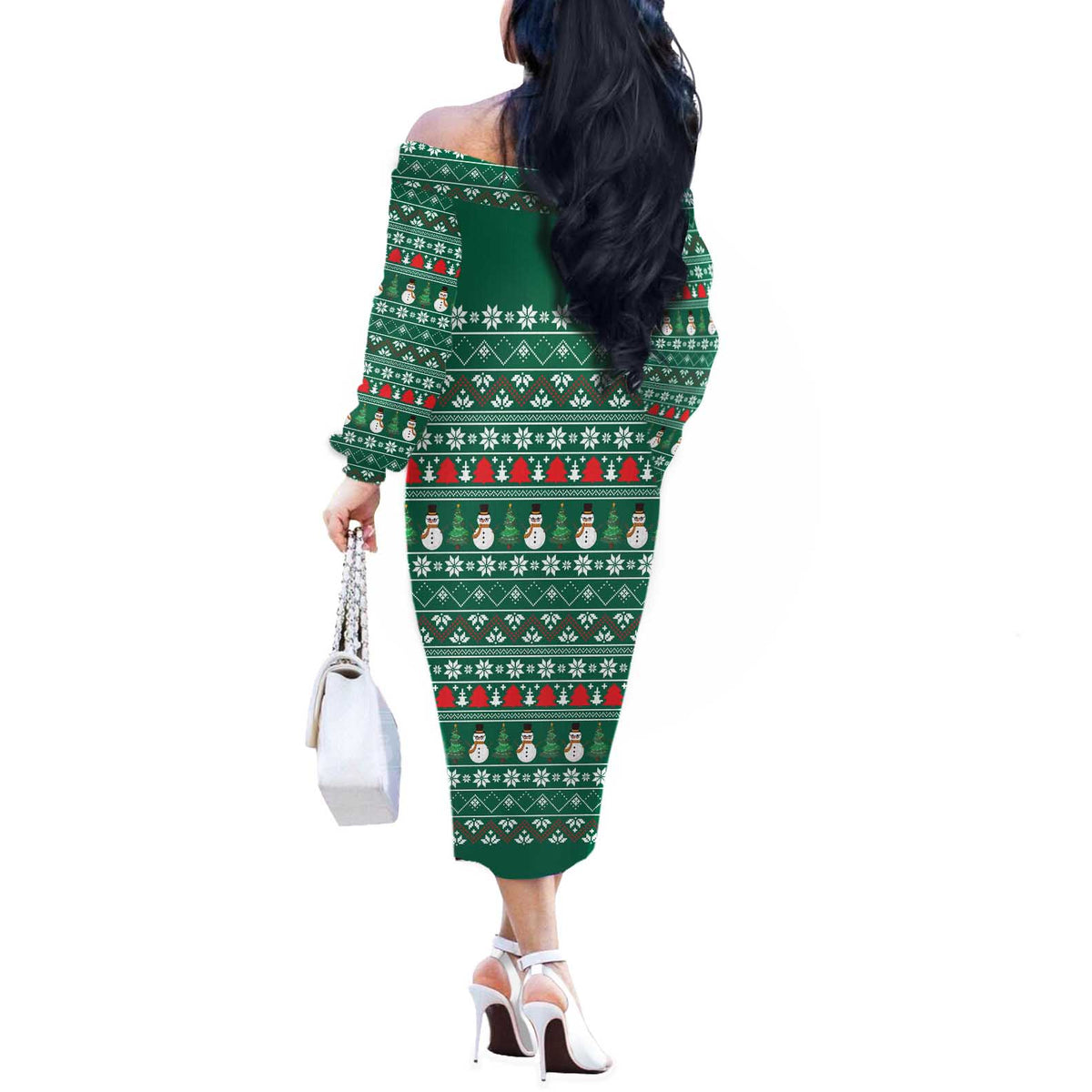 Bangladesh Christmas Off The Shoulder Long Sleeve Dress with Santa Claus in Traditional Outfit Snowman and Tree Pattern - Wonder Print Shop