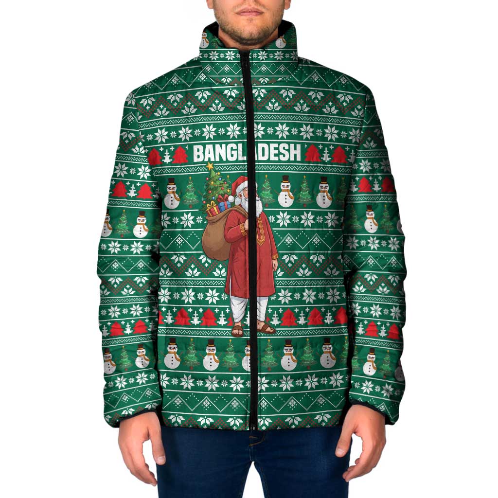 Bangladesh Christmas Padded Jacket with Santa Claus in Traditional Outfit Snowman and Tree Pattern - Wonder Print Shop