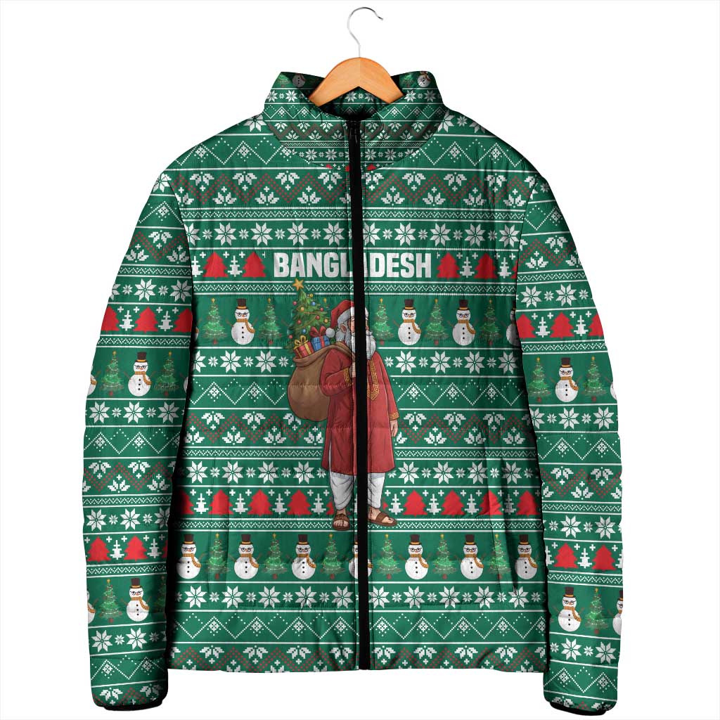 Bangladesh Christmas Padded Jacket with Santa Claus in Traditional Outfit Snowman and Tree Pattern - Wonder Print Shop