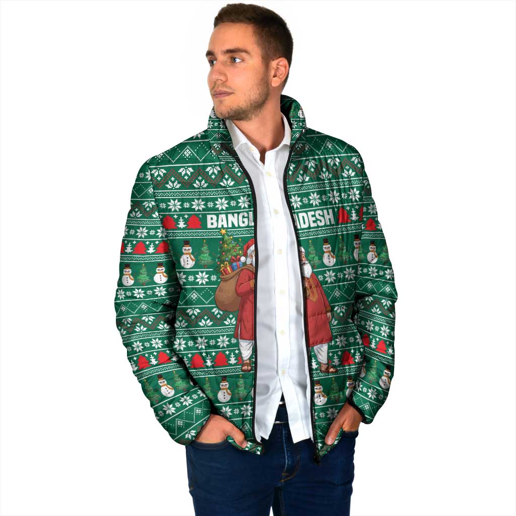 Bangladesh Christmas Padded Jacket with Santa Claus in Traditional Outfit Snowman and Tree Pattern - Wonder Print Shop