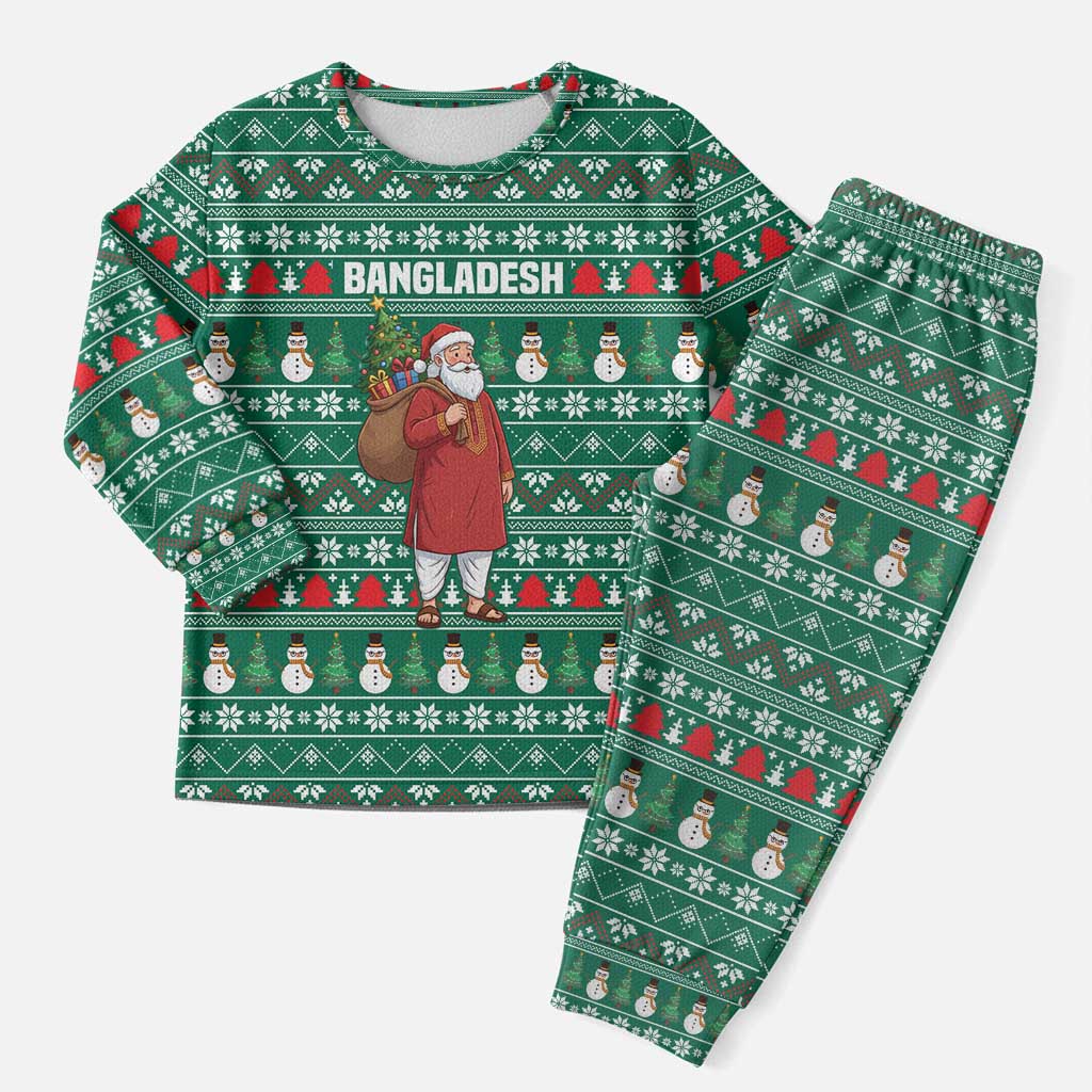 Bangladesh Christmas Pajama Set with Santa Claus in Traditional Outfit Snowman and Tree Pattern - Wonder Print Shop