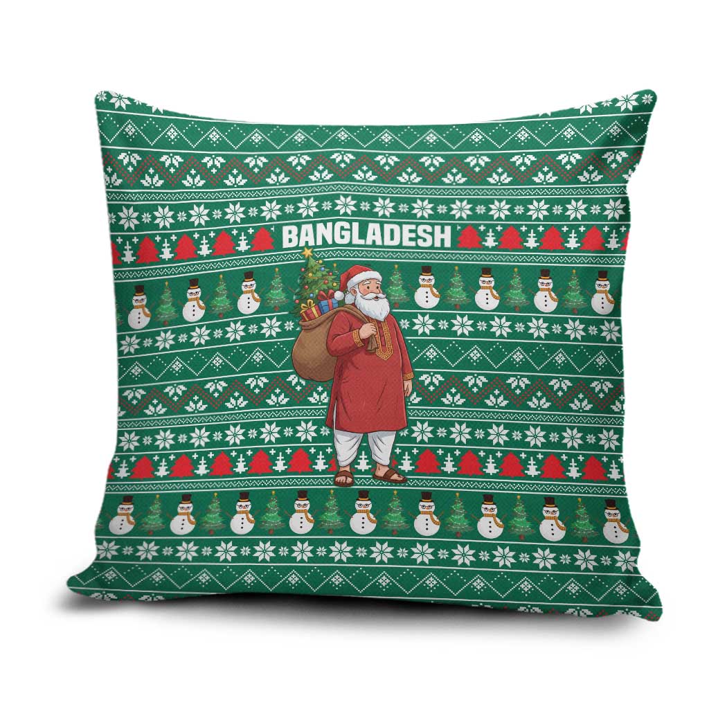 Bangladesh Christmas Pillow Cover with Santa Claus in Traditional Outfit Snowman and Tree Pattern - Wonder Print Shop