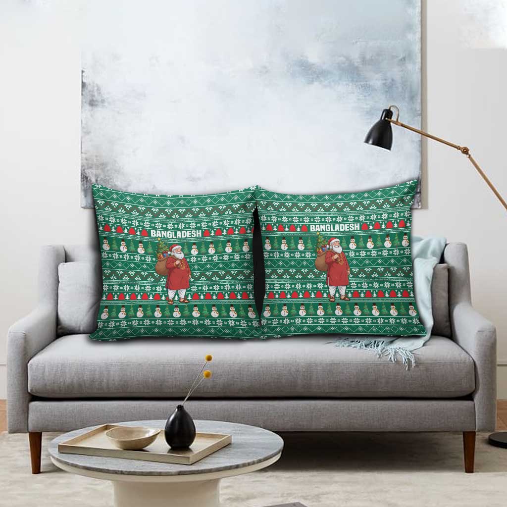 Bangladesh Christmas Pillow Cover with Santa Claus in Traditional Outfit Snowman and Tree Pattern - Wonder Print Shop