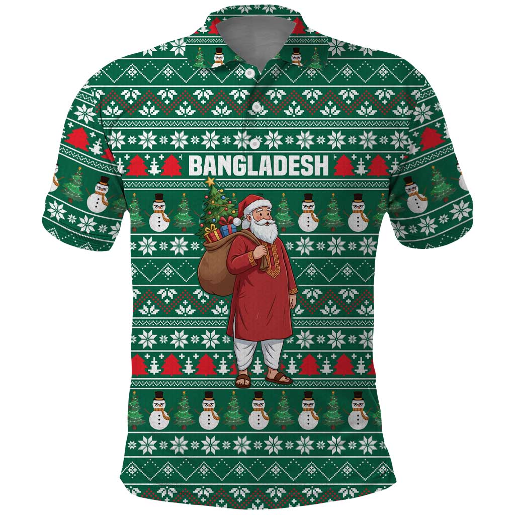 Bangladesh Christmas Polo Shirt with Santa Claus in Traditional Outfit Snowman and Tree Pattern - Wonder Print Shop