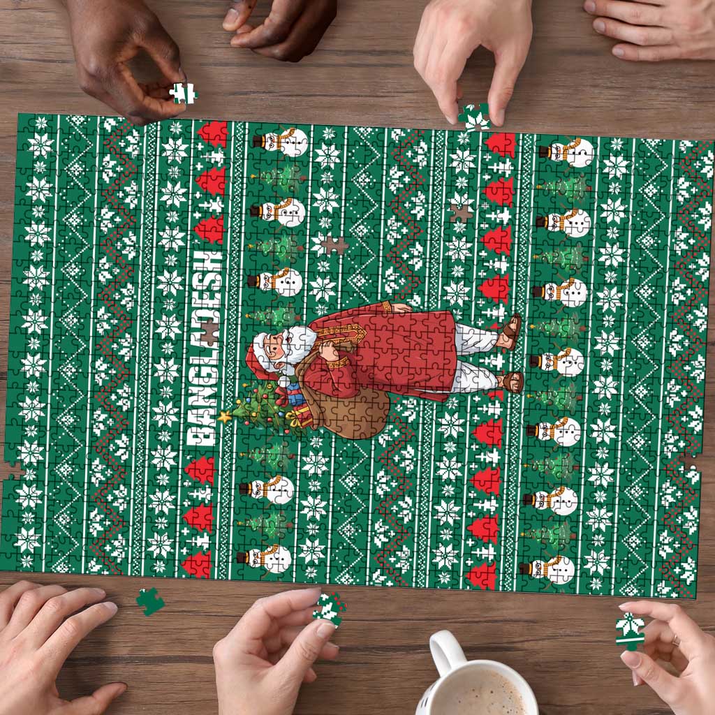 Bangladesh Christmas Puzzle with Santa Claus in Traditional Outfit Snowman and Tree Pattern - Wonder Print Shop