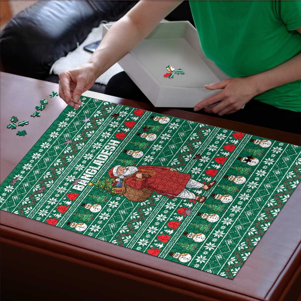 Bangladesh Christmas Puzzle with Santa Claus in Traditional Outfit Snowman and Tree Pattern - Wonder Print Shop
