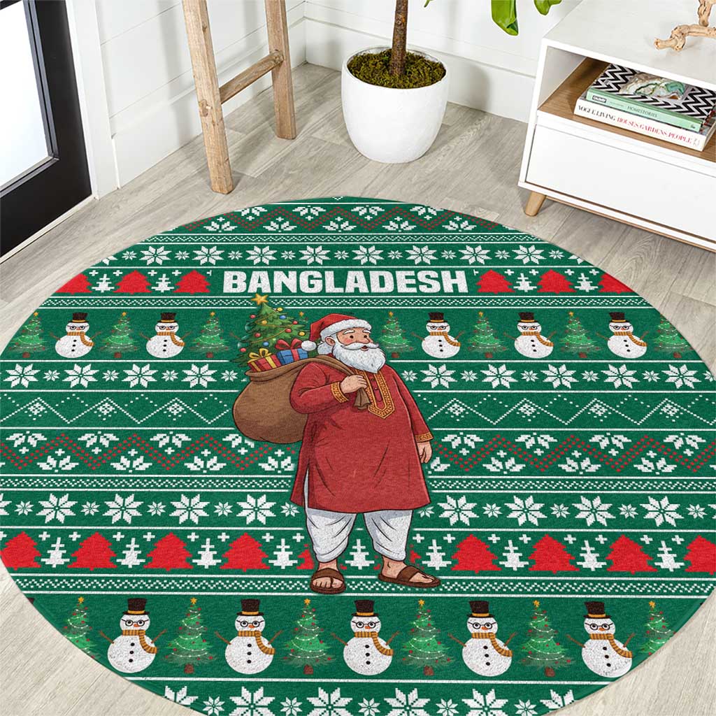 Bangladesh Christmas Round Carpet with Santa Claus in Traditional Outfit Snowman and Tree Pattern - Wonder Print Shop
