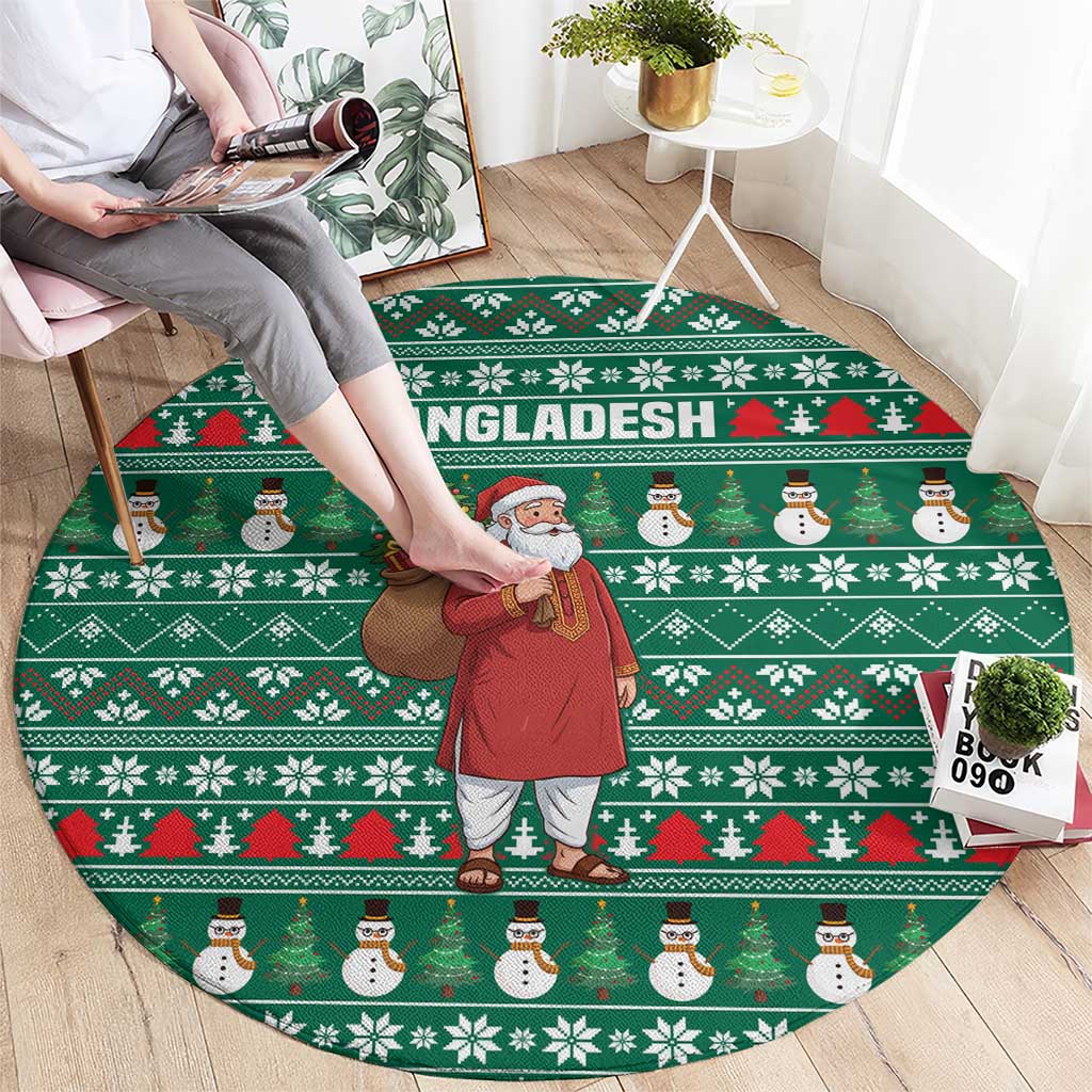 Bangladesh Christmas Round Carpet with Santa Claus in Traditional Outfit Snowman and Tree Pattern - Wonder Print Shop
