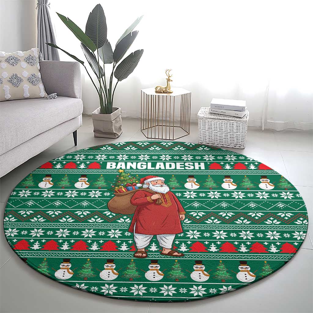 Bangladesh Christmas Round Carpet with Santa Claus in Traditional Outfit Snowman and Tree Pattern - Wonder Print Shop