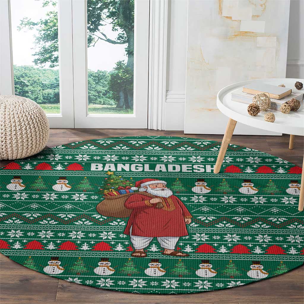 Bangladesh Christmas Round Carpet with Santa Claus in Traditional Outfit Snowman and Tree Pattern - Wonder Print Shop